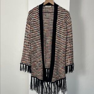 Black Multicolor Knit Fringe Cardigan